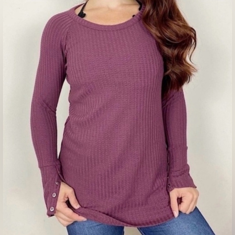 Chaser Long Sleeve Waffle Knit Thermal Top Burgundy Size Small